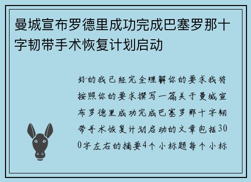 曼城宣布罗德里成功完成巴塞罗那十字韧带手术恢复计划启动