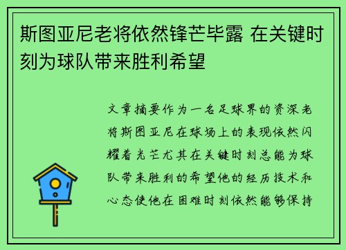 斯图亚尼老将依然锋芒毕露 在关键时刻为球队带来胜利希望 斯图亚尼老将依然锋芒毕露 在关键时刻为球队带来胜利希望